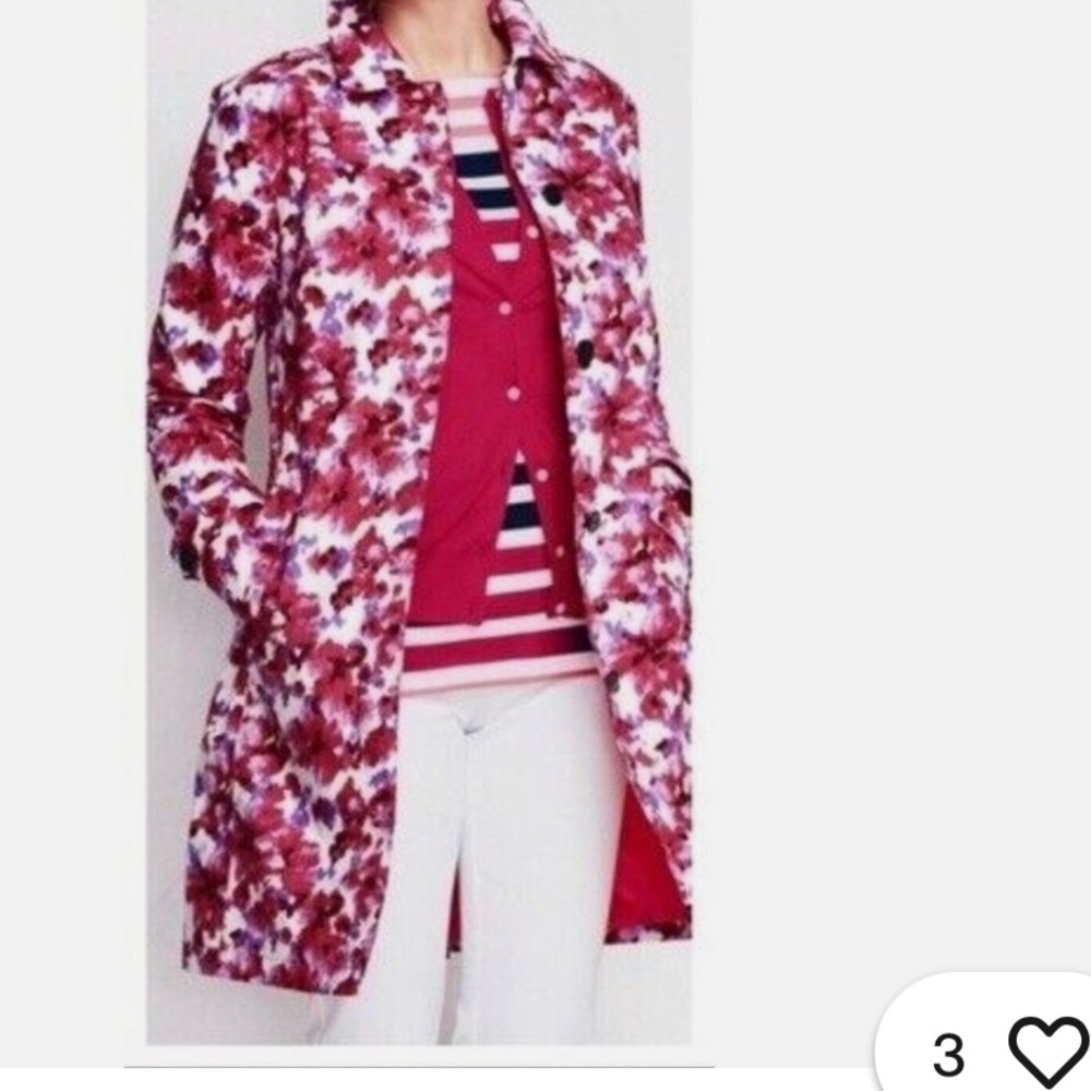 Lands' End Pink and Red Raincoat Floral Mid-Length